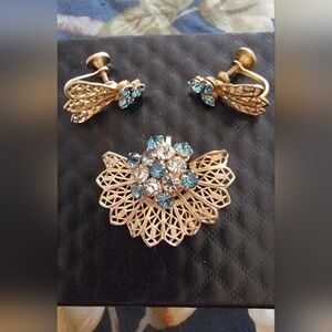 Vintage Gold tone with Blue and White Stones Pendant and Earring Set